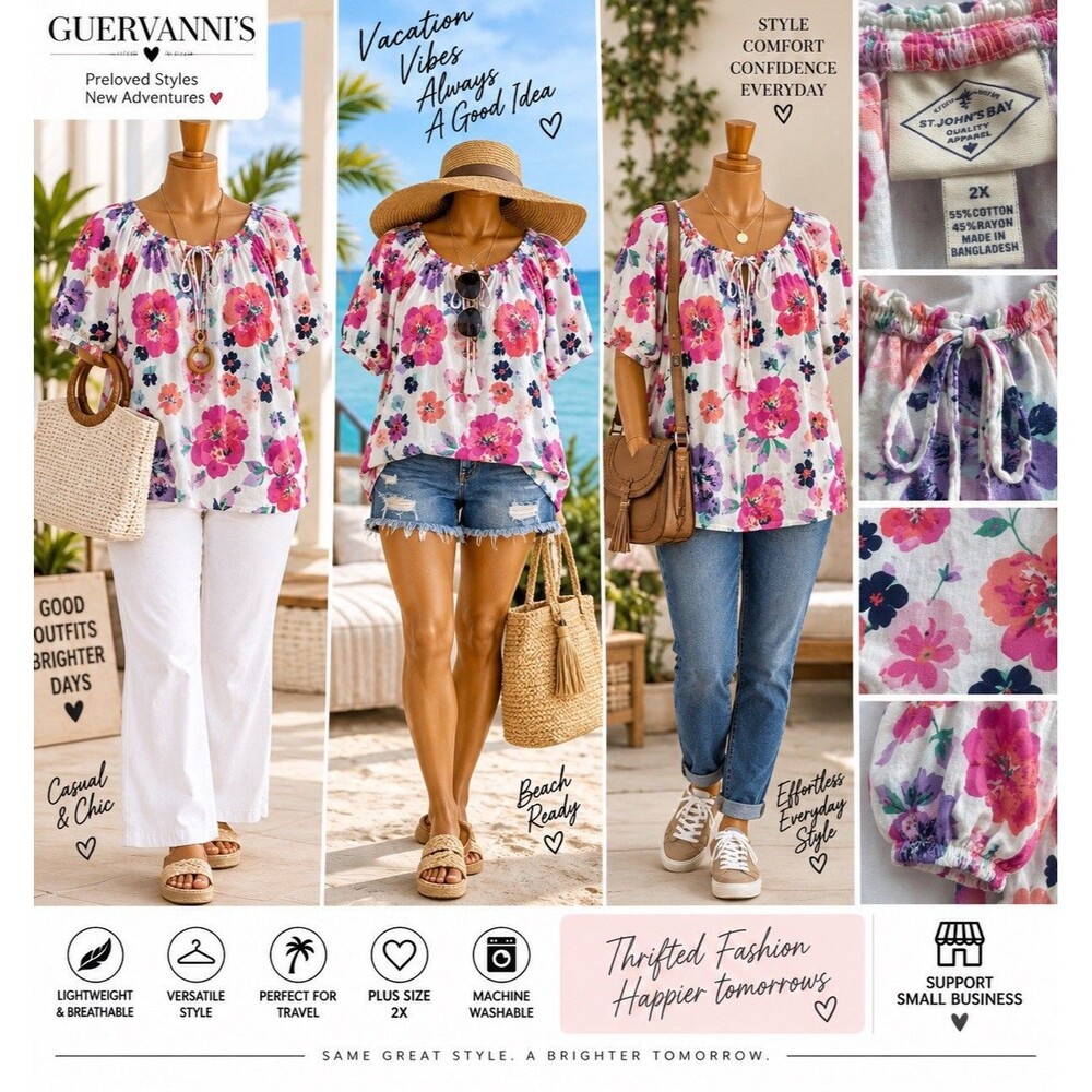 St. John’s Bay Women’s 2X Floral Blouse Pink Purple Boho Cottagecore Top